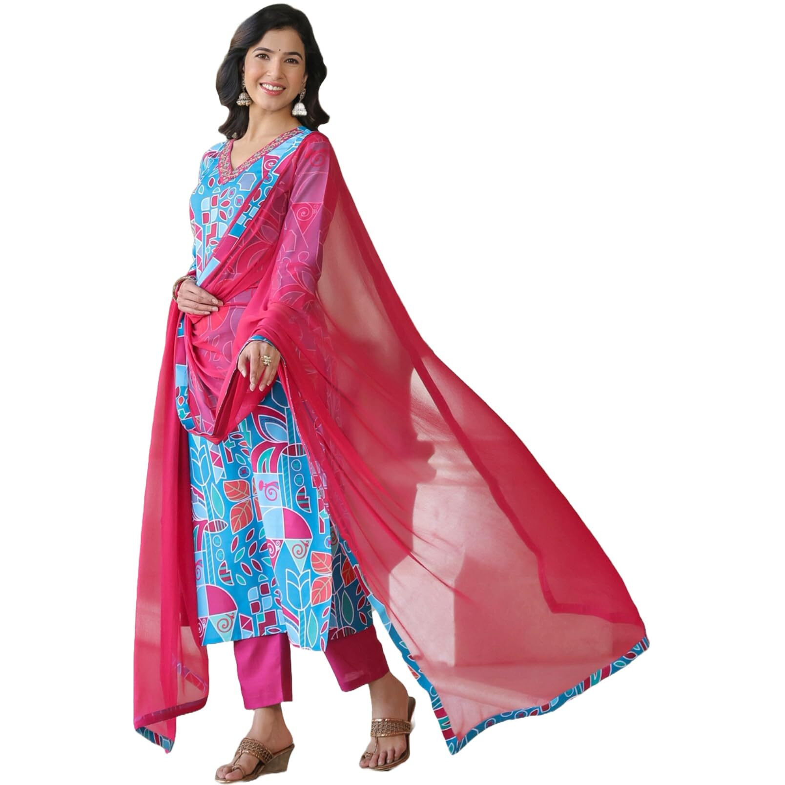 ANNI DESIGNER Women's Cotton Blend Straight Printed Kurta with Pant & Dupatta (Down-RAMA Blue-NKF_L_Blue_Large)
