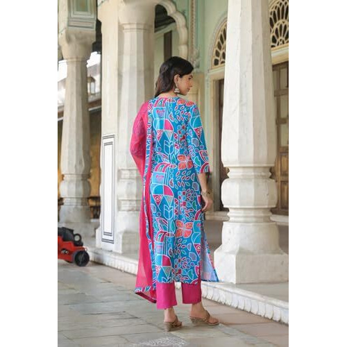 ANNI DESIGNER Women's Cotton Blend Straight Printed Kurta with Pant & Dupatta (Down-RAMA Blue-NKF_L_Blue_Large)