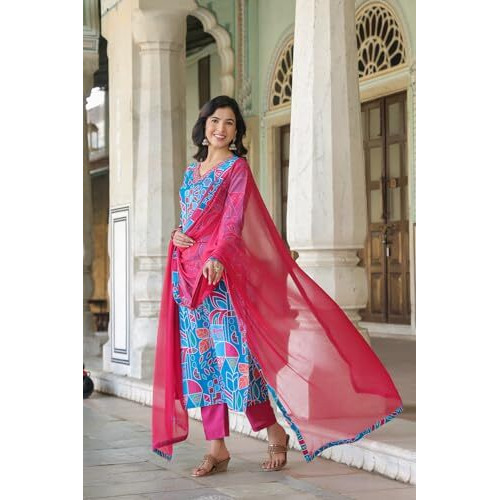 ANNI DESIGNER Women's Cotton Blend Straight Printed Kurta with Pant & Dupatta (Down-RAMA Blue-NKF_L_Blue_Large)