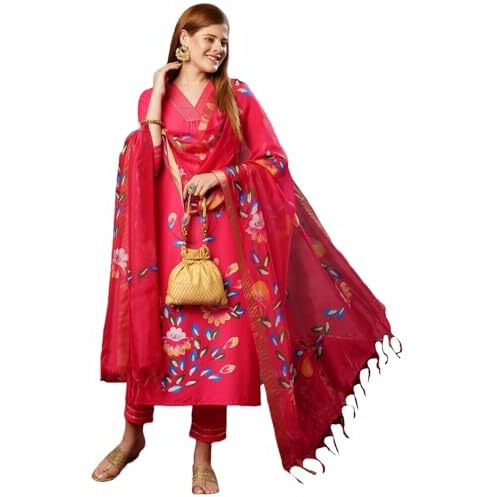ANNI DESIGNER Women's Cotton Blend Straight Printed Kurta with Pant & Dupatta (Sanskrit Rani-JL_XXL_Pink_XX-Large)