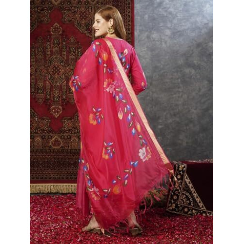 ANNI DESIGNER Women's Cotton Blend Straight Printed Kurta with Pant & Dupatta (Sanskrit Rani-JL_XXL_Pink_XX-Large)