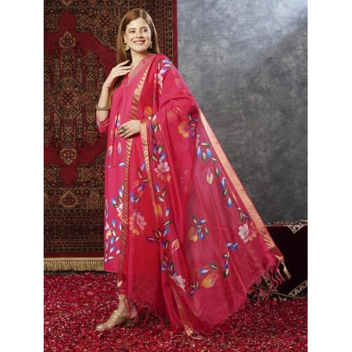 ANNI DESIGNER Women's Cotton Blend Straight Printed Kurta with Pant & Dupatta (Sanskrit Rani-JL_XXL_Pink_XX-Large)