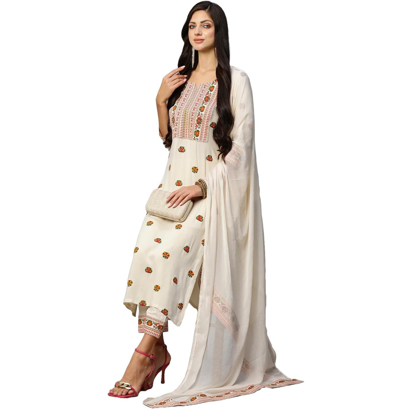 ANNI DESIGNER Women's Cotton Blend Straight Printed Kurta with Pant & Dupatta (Bakhshi Cream_S_Cream_Small)