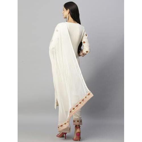 ANNI DESIGNER Women's Cotton Blend Straight Printed Kurta with Pant & Dupatta (Bakhshi Cream_S_Cream_Small)