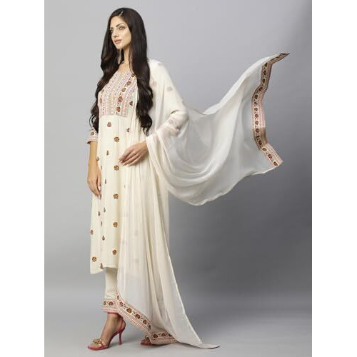 ANNI DESIGNER Women's Cotton Blend Straight Printed Kurta with Pant & Dupatta (Bakhshi Cream_S_Cream_Small)
