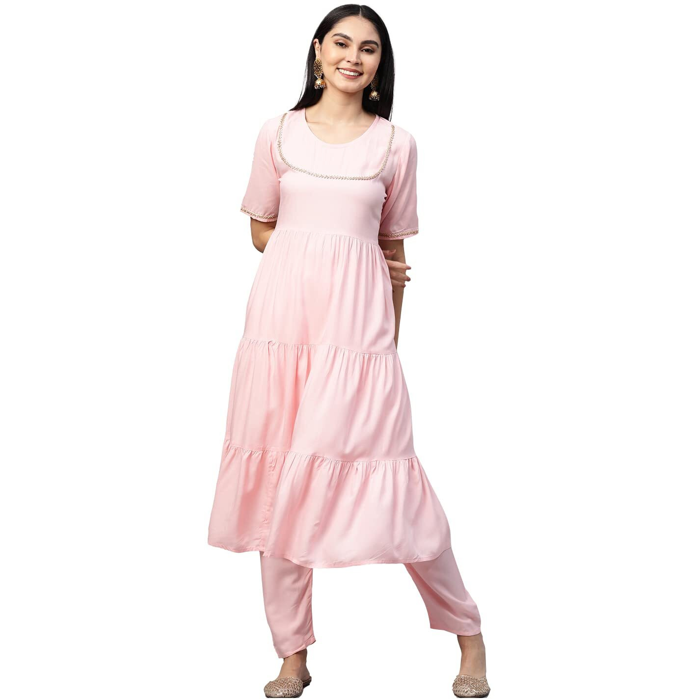 ANNI DESIGNER Women's Cotton Anarkali Kurta with Pant (KRUSHA Pink_S_Pink_Small)