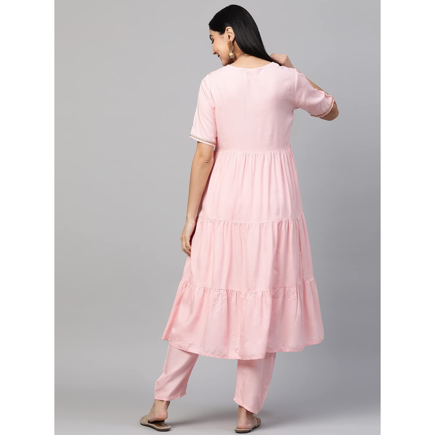ANNI DESIGNER Women's Cotton Anarkali Kurta with Pant (KRUSHA Pink_S_Pink_Small)