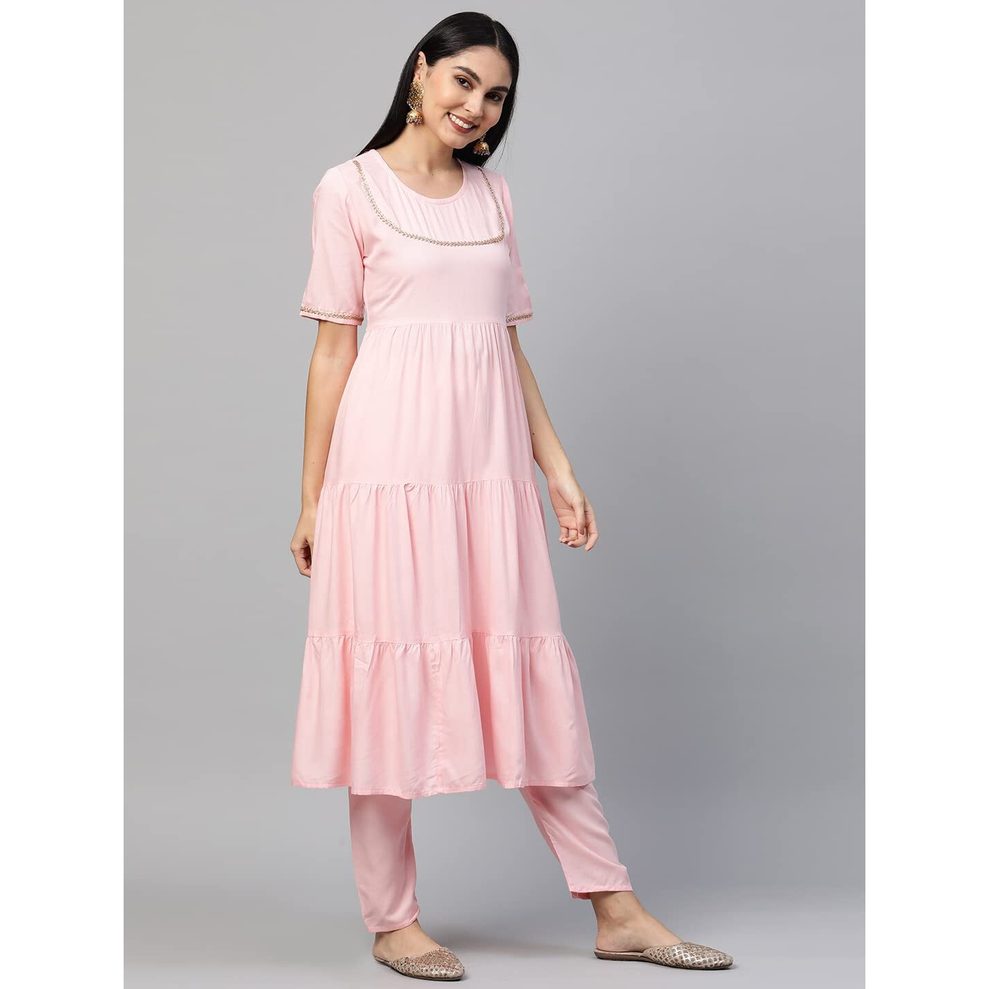 ANNI DESIGNER Women's Cotton Anarkali Kurta with Pant (KRUSHA Pink_S_Pink_Small)