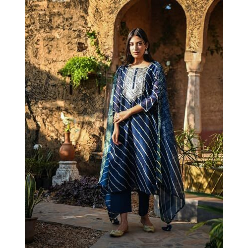 ANNI DESIGNER Women's Cotton Blend Embroidered Straight Kurti Pant Dupatta Set Combo Pack of 2 (Doremi Navy & Kari Black_2105_Multicolor_Small)