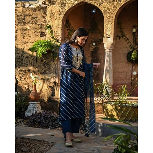ANNI DESIGNER Women's Cotton Blend Embroidered Straight Kurti Pant Dupatta Set Combo Pack of 2 (Doremi Navy & Kari Black_2105_Multicolor_Small)