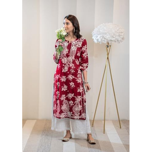 ANNI DESIGNER Women's Rayon Blend Chikankari Embroidered Straight Kurta (SCEROS Pink-NW_M_Pink_Medium)