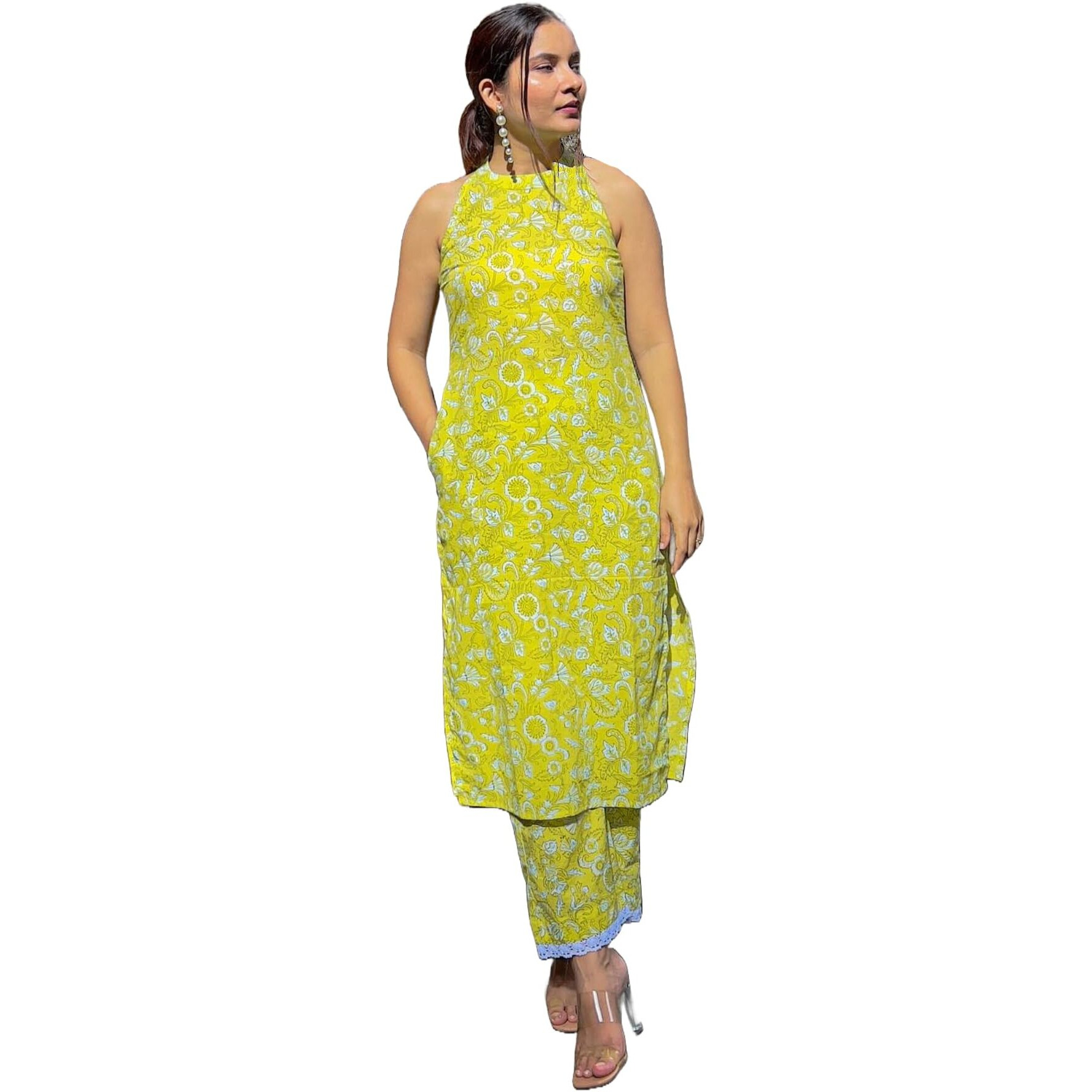 ANNI DESIGNER Women's Rayon Blend Straight Block Printed Kurta with Pant (Lemon-Lime-NW_L_Green_Large)