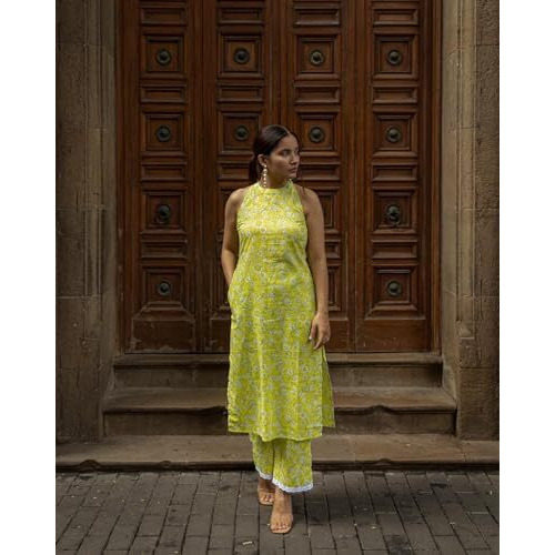 ANNI DESIGNER Women's Rayon Blend Straight Block Printed Kurta with Pant (Lemon-Lime-NW_L_Green_Large)