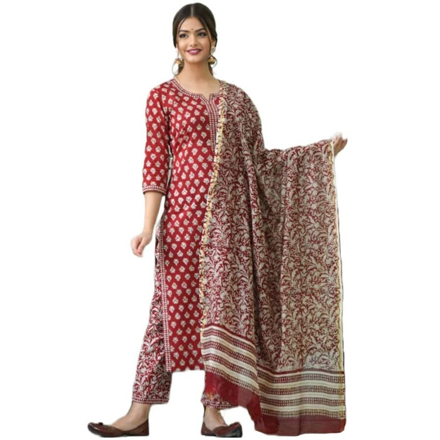 ANNI DESIGNER Women's Cotton Blend Floral Printed Straight Kurta with Pants & Dupatta (Tasya Red_S_Red_Small)