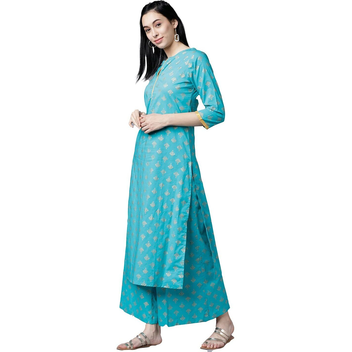 ANNI DESIGNER Women's Cotton Gold-Toned Printed Kurti with Palazzos (DEVIKA-Blue_M)