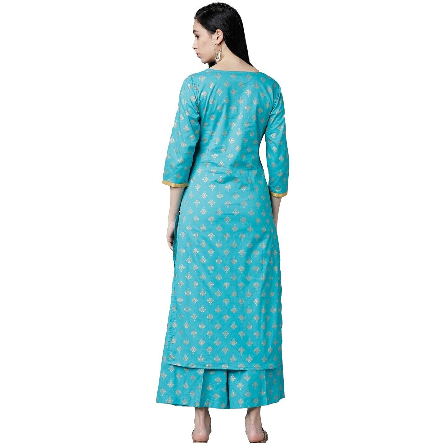 ANNI DESIGNER Women's Cotton Gold-Toned Printed Kurti with Palazzos (DEVIKA-Blue_M)
