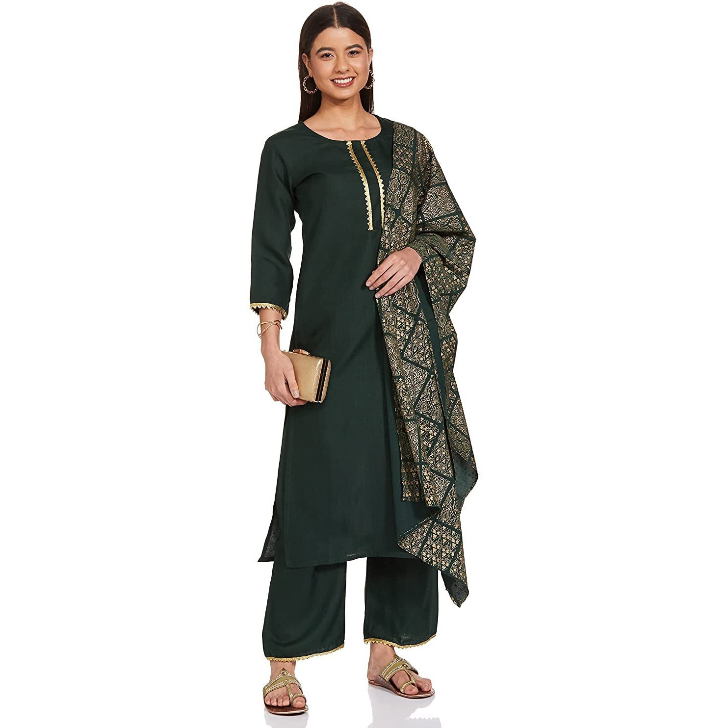 ANNI DESIGNER Women's Cotton Blend Straight Printed Kurta with Pant & Dupatta (Sonari Gold & Green_L_Gold & Green_Large)