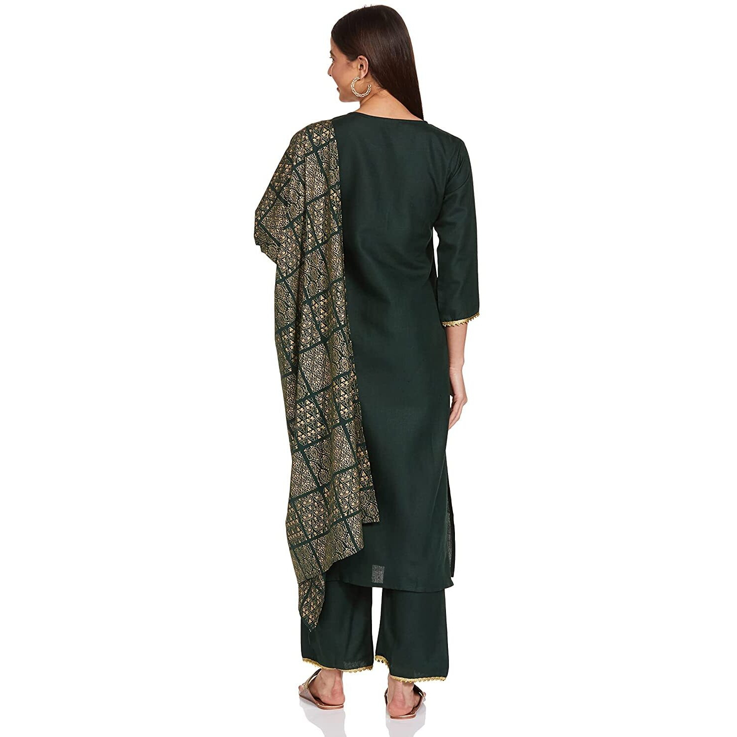 ANNI DESIGNER Women's Cotton Blend Straight Printed Kurta with Pant & Dupatta (Sonari Gold & Green_L_Gold & Green_Large)