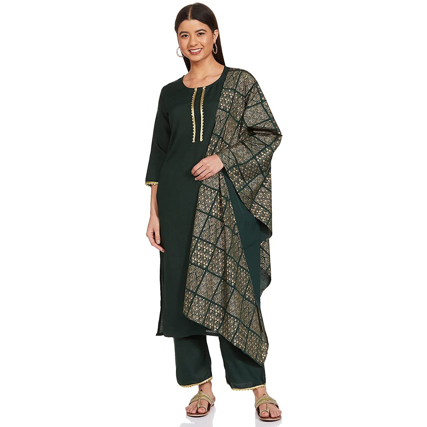 ANNI DESIGNER Women's Cotton Blend Straight Printed Kurta with Pant & Dupatta (Sonari Gold & Green_L_Gold & Green_Large)