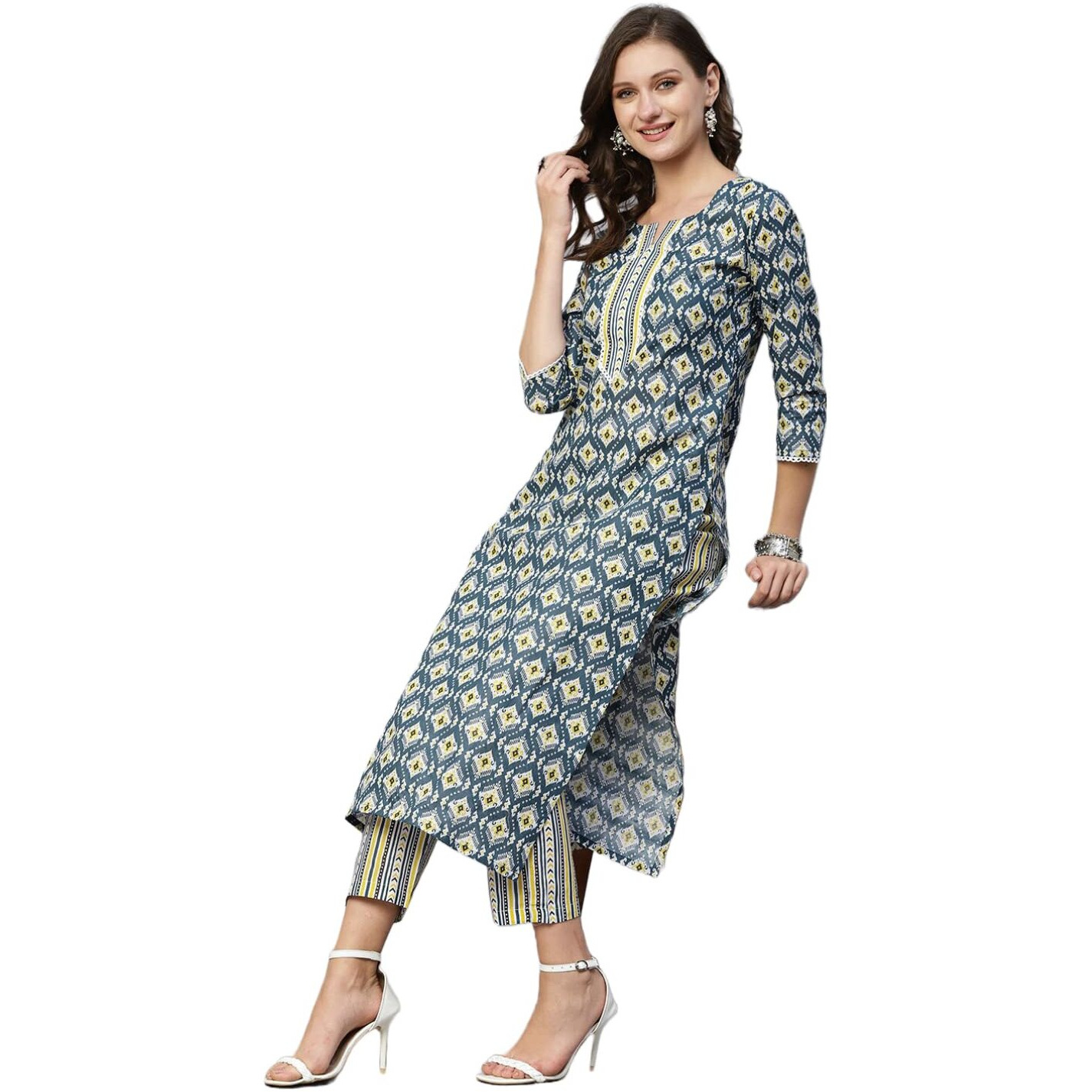 ANNI DESIGNER Women's Cotton Blend Straight Printed Kurta with Pant Set (Tbh Blue_L_Blue_Large)
