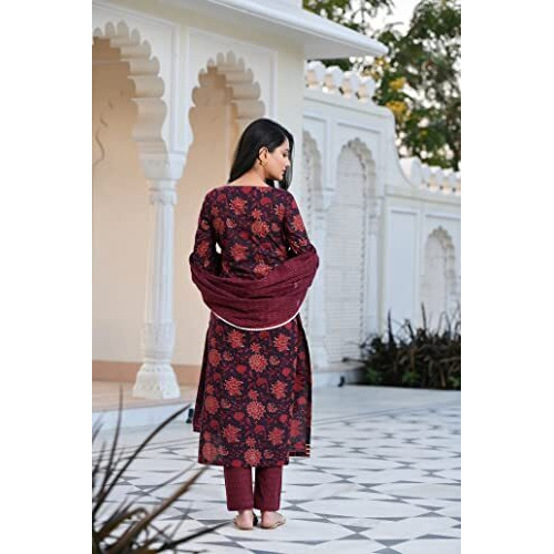 ANNI DESIGNER Women's Cotton Blend Straight Printed Kurta with Pant & Dupatta (RAPAT-Wine-SM_S_Wine_Small)