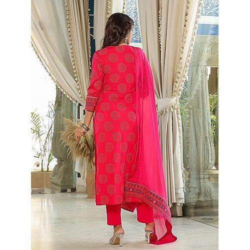 ANNI DESIGNER Women's Cotton Blend Straight Printed Kurta with Pant & Dupatta (NOV-Pink-NWG_M_Pink_Medium)