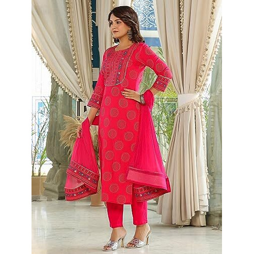 ANNI DESIGNER Women's Cotton Blend Straight Printed Kurta with Pant & Dupatta (NOV-Pink-NWG_M_Pink_Medium)
