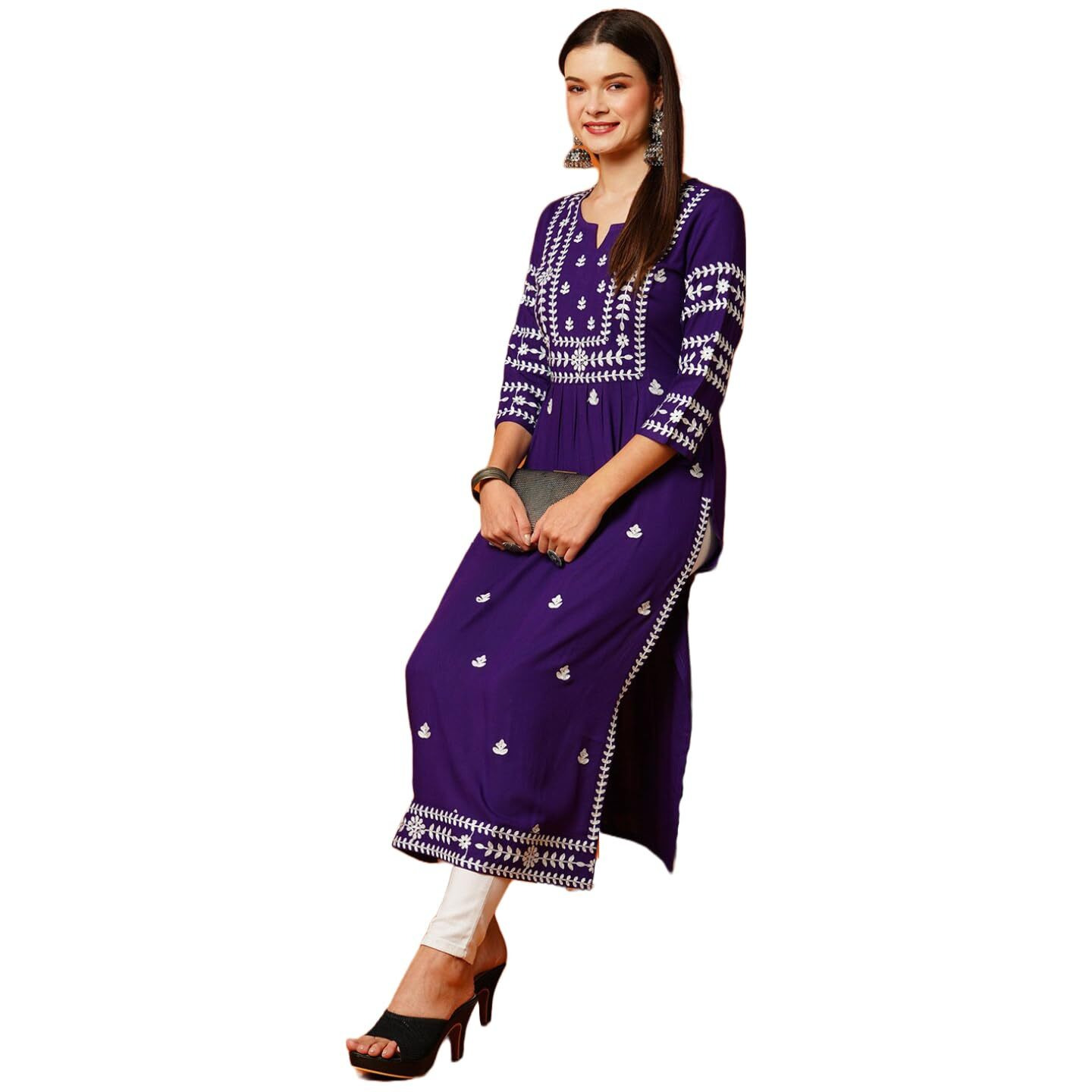 ANNI DESIGNER Women's Rayon Blend Chikankari Embroidered Straight Kurta (ELEVAN-BEGANI-TNW_S_Violet_Small)