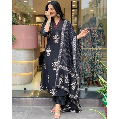 ANNI DESIGNER Women's Rayon Blend Straight Printed Kurta with Pant & Dupatta (Jimny Black_S_Black_Small)
