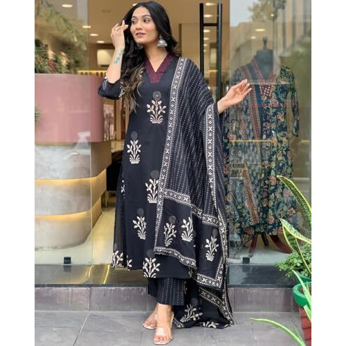 ANNI DESIGNER Women's Rayon Blend Straight Printed Kurta with Pant & Dupatta (Jimny Black_S_Black_Small)