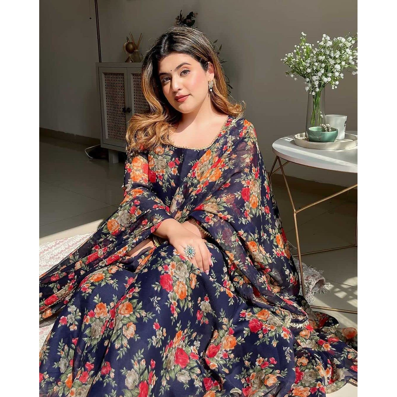 ANNI DESIGNER Women's Georgette Anarkali Printed Kurta with Pant & Dupatta (Atasi Blue_S_Dark Blue_Small)
