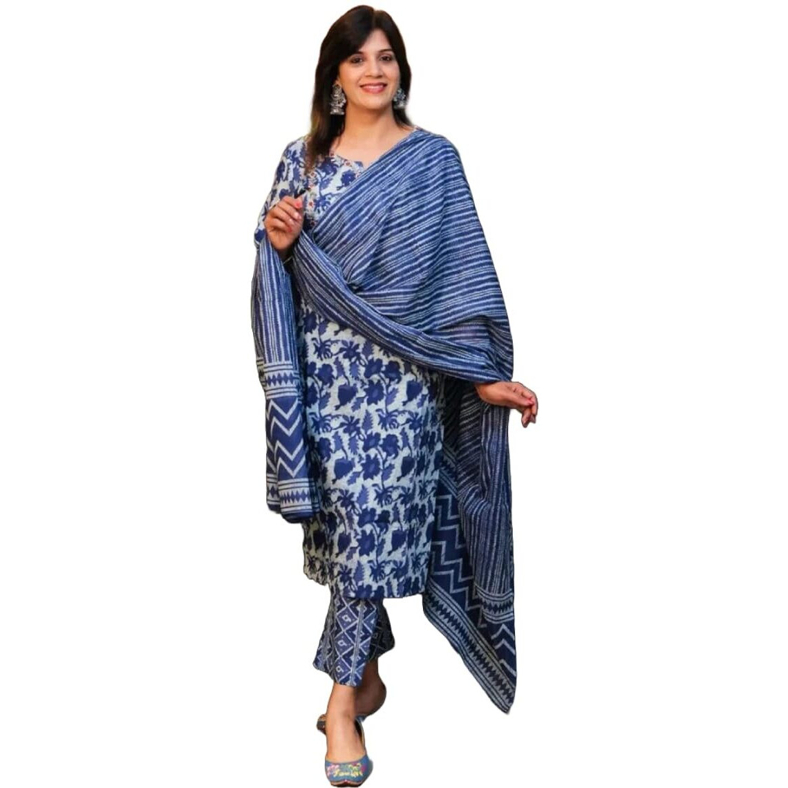 ANNI DESIGNER Women's Cotton Blend Straight Printed Kurta with Pant & Dupatta (Nidali Blue_L_Blue_Large)