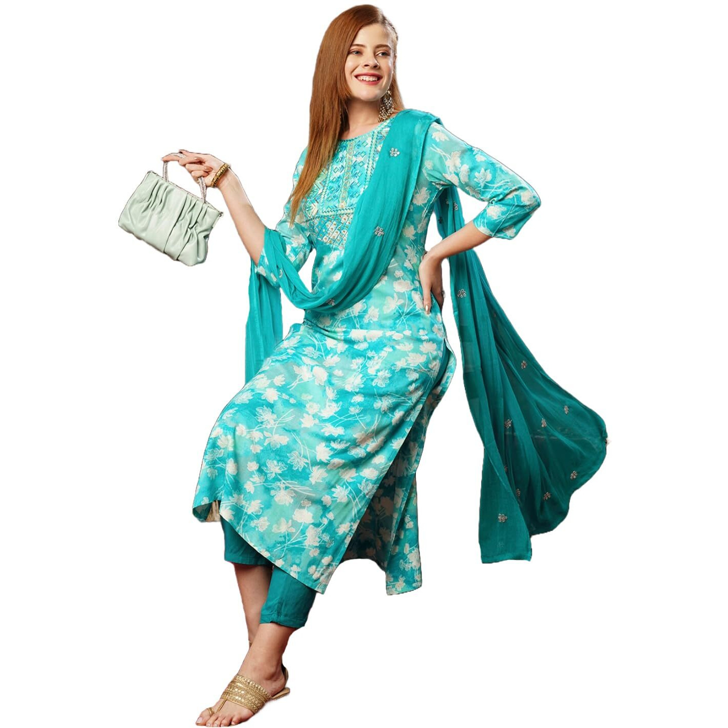 ANNI DESIGNER Women's Cotton Blend Printed Straight Kurta with Pant & Dupatta (Bhadrusha See Green_S_See Green_Small)