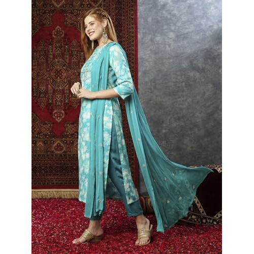 ANNI DESIGNER Women's Cotton Blend Printed Straight Kurta with Pant & Dupatta (Bhadrusha See Green_S_See Green_Small)