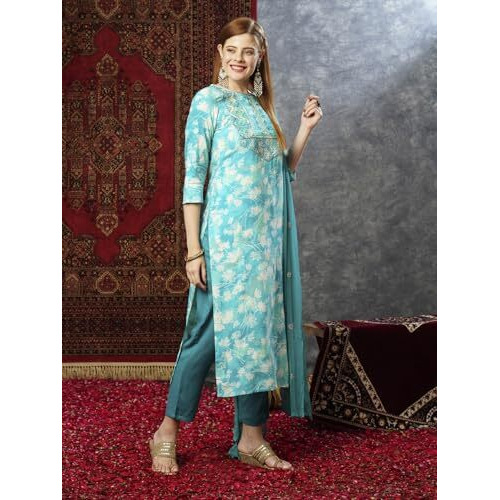 ANNI DESIGNER Women's Cotton Blend Printed Straight Kurta with Pant & Dupatta (Bhadrusha See Green_S_See Green_Small)