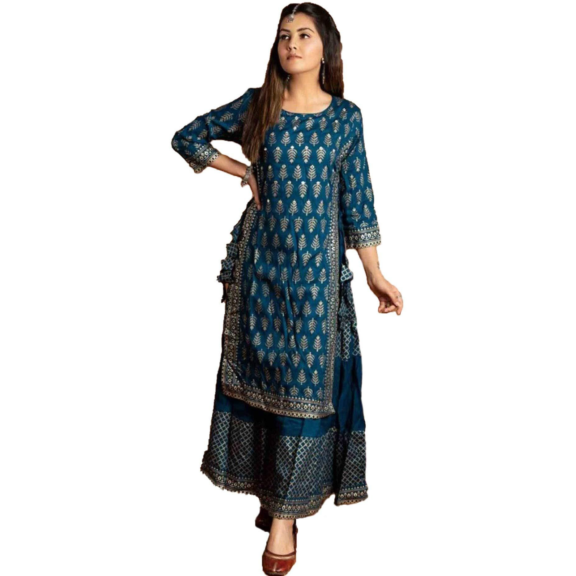 ANNI DESIGNER Women's Rayon Blue Printed Kurta with Plazzo (Doli Baii_S)