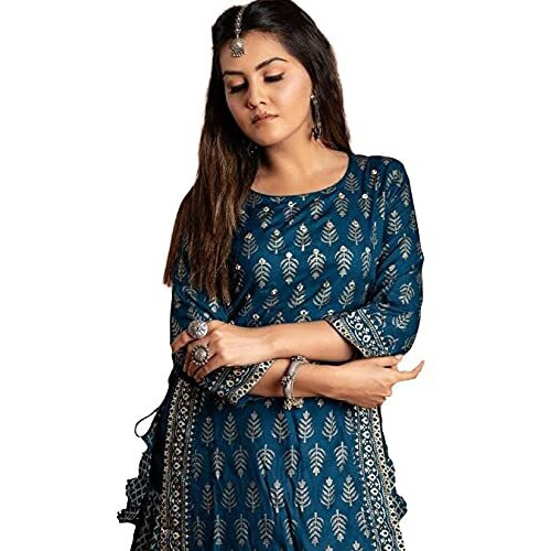 ANNI DESIGNER Women's Rayon Blue Printed Kurta with Plazzo (Doli Baii_S)