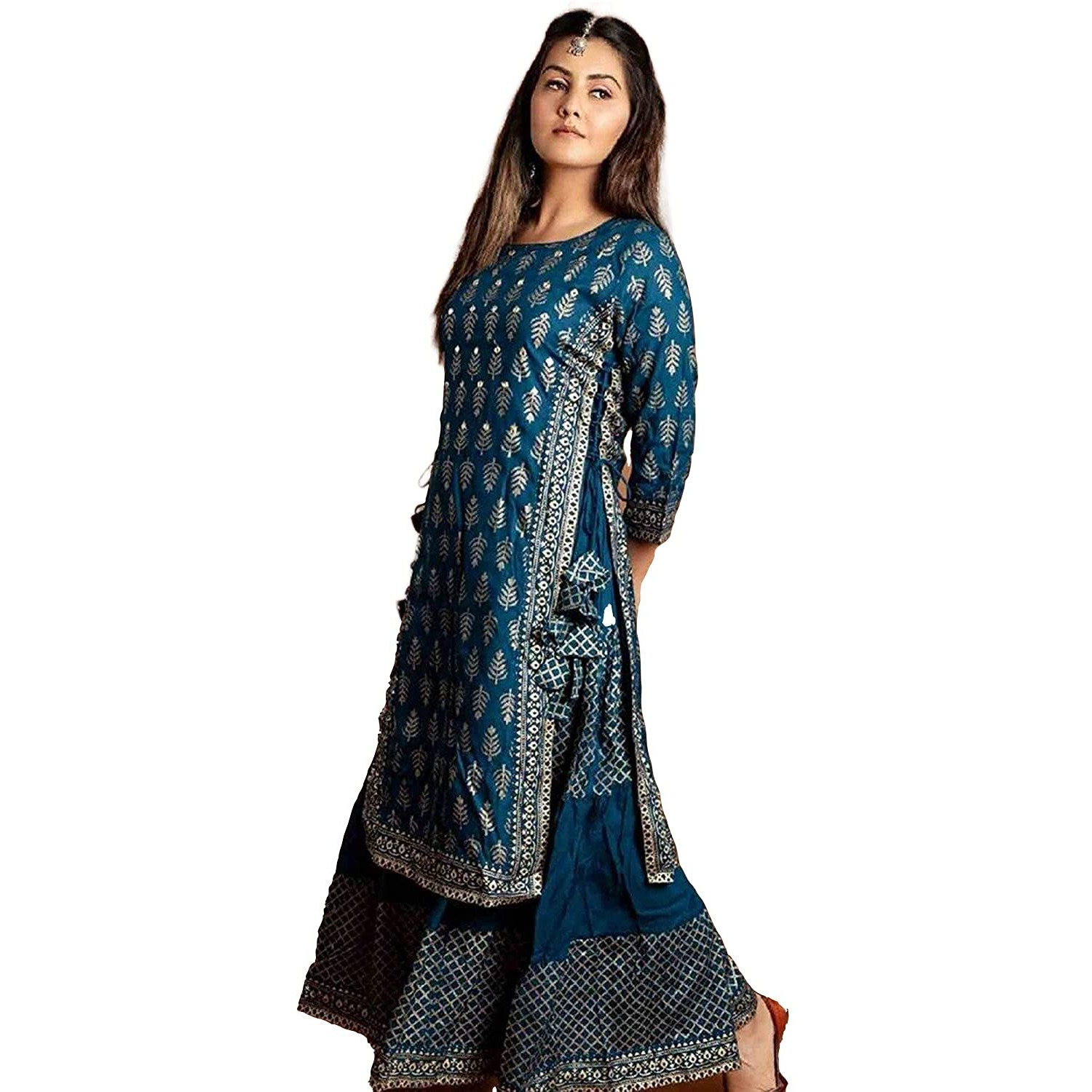ANNI DESIGNER Women's Rayon Blue Printed Kurta with Plazzo (Doli Baii_S)