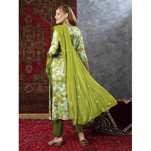ANNI DESIGNER Women's Cotton Blend Printed Straight Kurta with Pant & Dupatta (Bhadrusha Green-JB_S_Green_Small)