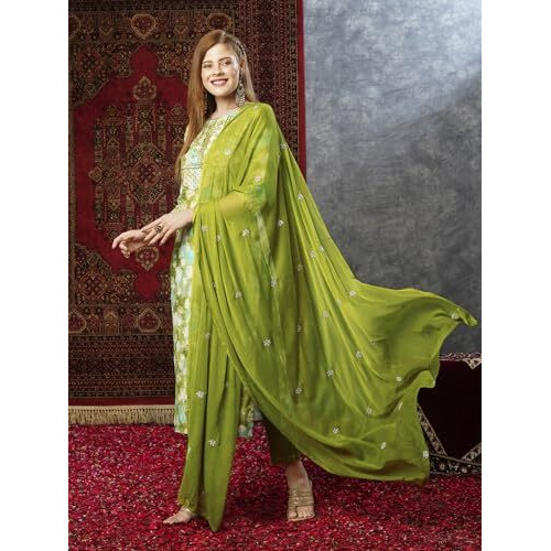 ANNI DESIGNER Women's Cotton Blend Printed Straight Kurta with Pant & Dupatta (Bhadrusha Green-JB_S_Green_Small)