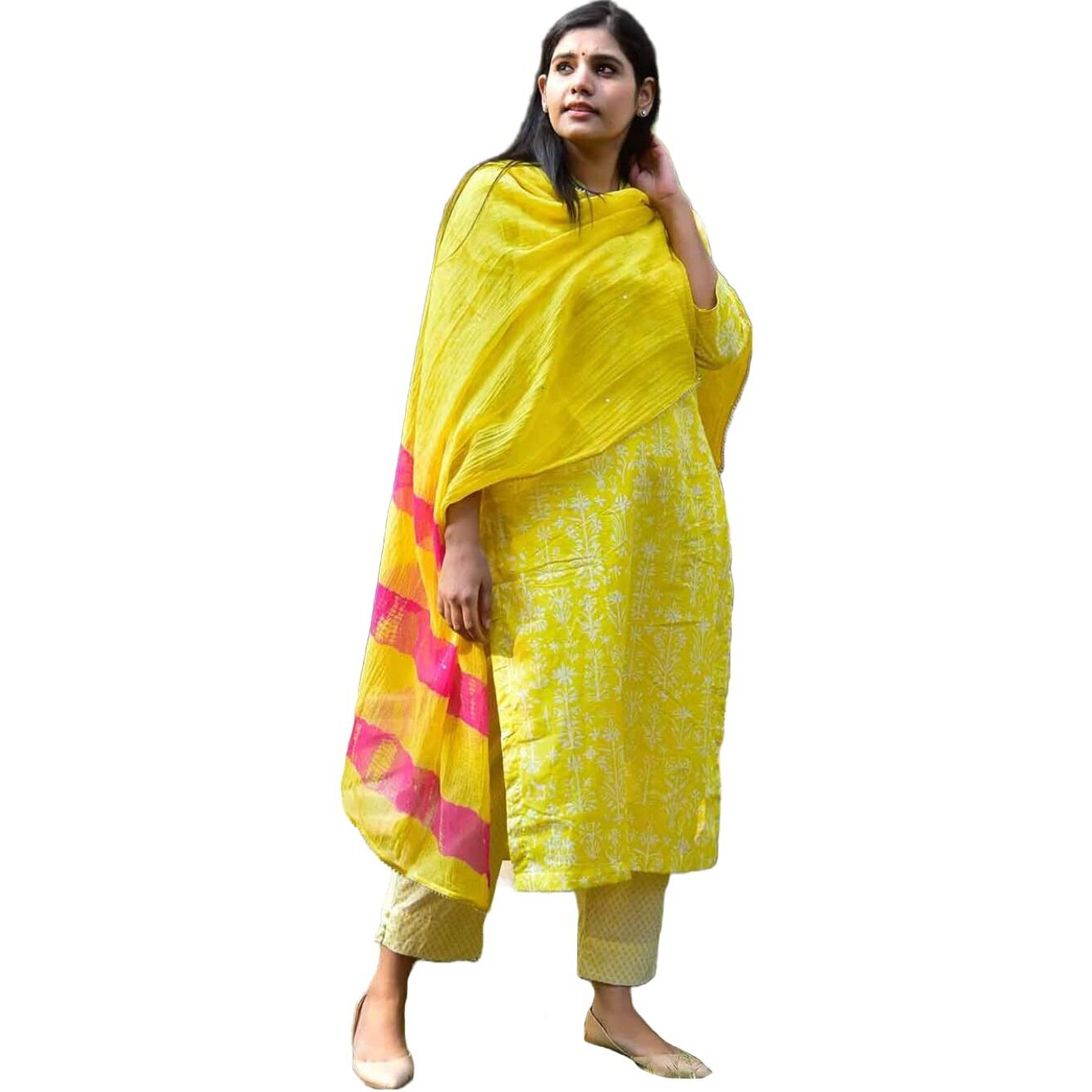 ANNI DESIGNER Women's Cotton Blend Straight Printed Kurta with Pant & Dupatta (BAGRU-Yellow_XL_Yellow_X-Large)