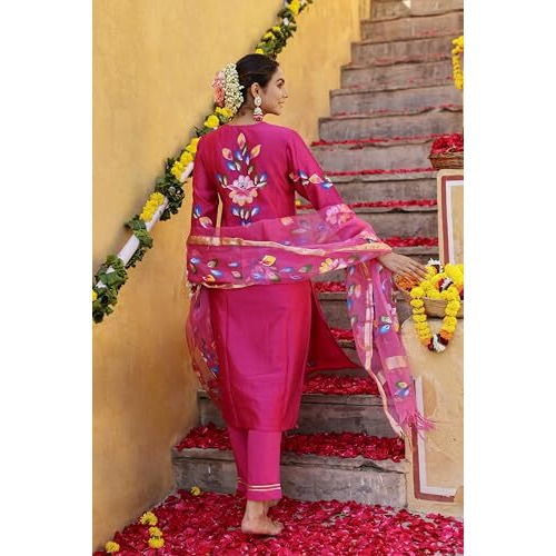 ANNI DESIGNER Women's Rayon Blend Printed Straight Kurta with Pant & Dupatta (Sanskrit Rani_M_Pink_Medium)