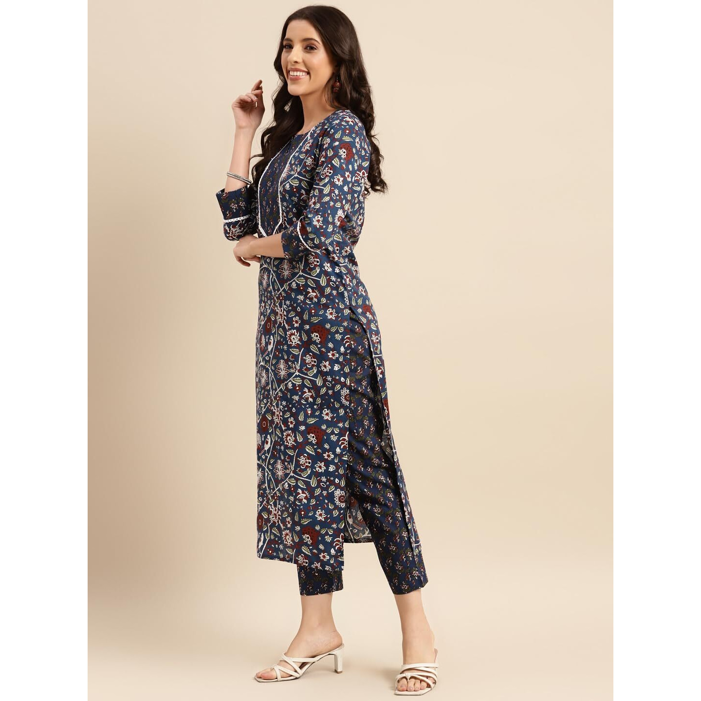 ANNI DESIGNER Women's Cotton Blend Printed Straight Kurta with Pant (Win Blue_L_Blue_Large)