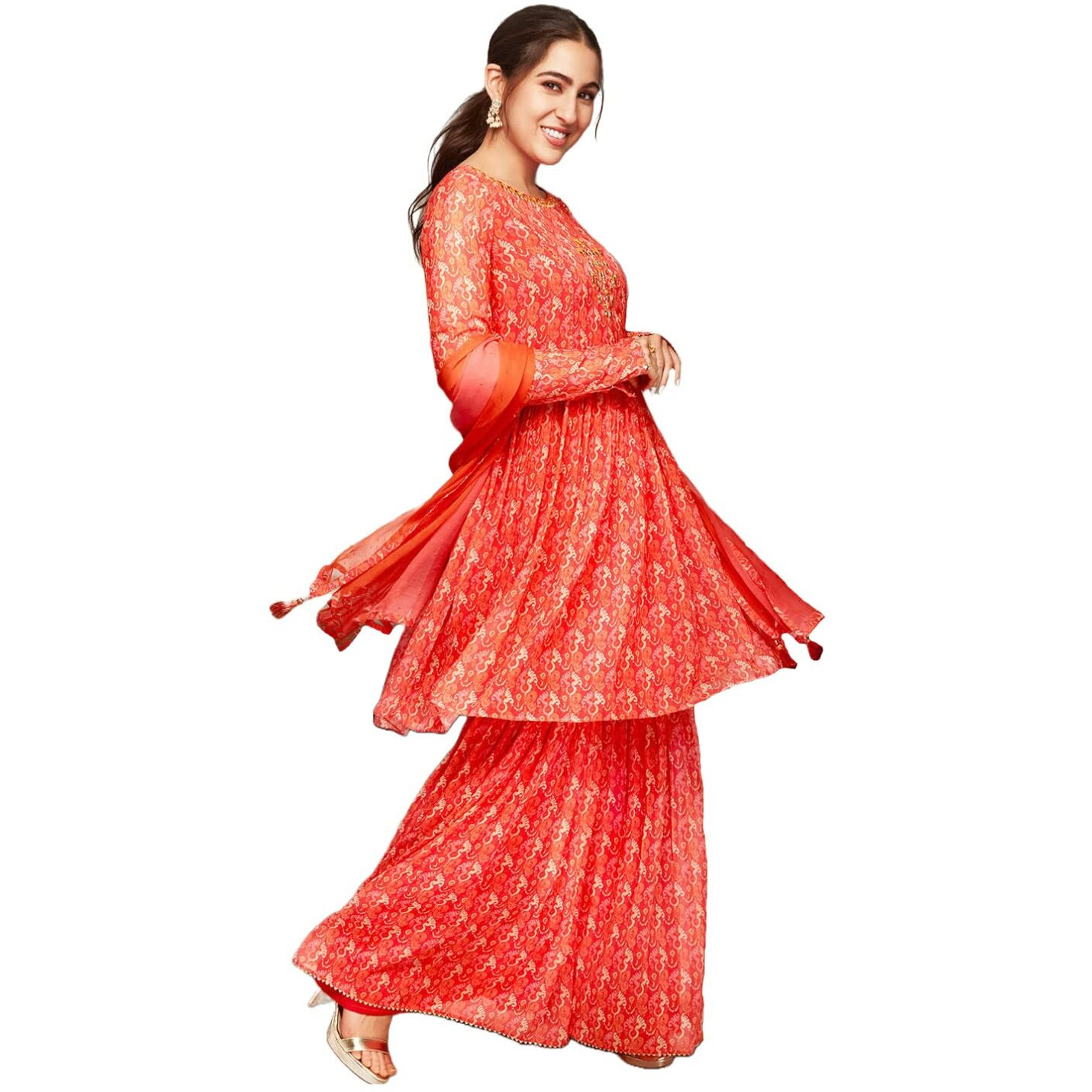 ANNI DESIGNER Women's Georgette A-Line Ethnic Motifs Printed Mirror Work Kurta with Sharara & Dupatta (Othani Orange_XXL_Orange_XX-Large)