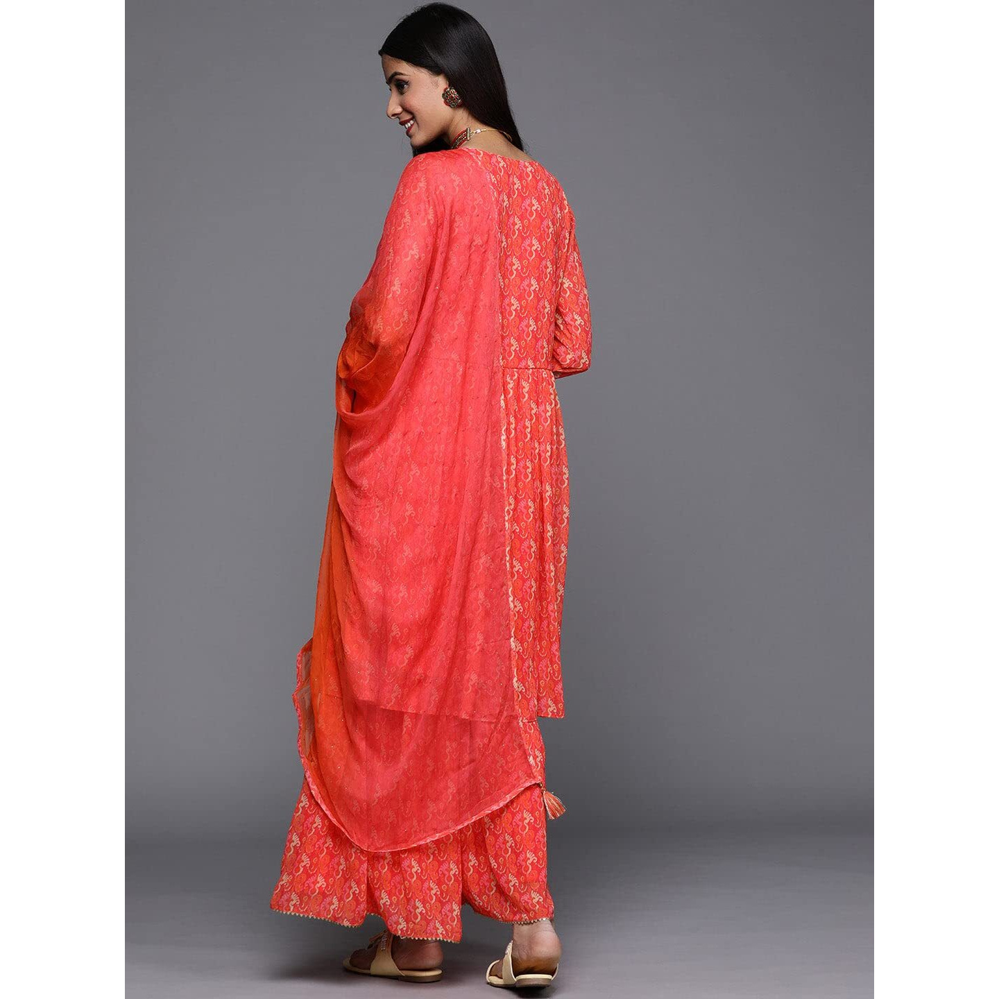 ANNI DESIGNER Women's Georgette A-Line Ethnic Motifs Printed Mirror Work Kurta with Sharara & Dupatta (Othani Orange_XXL_Orange_XX-Large)