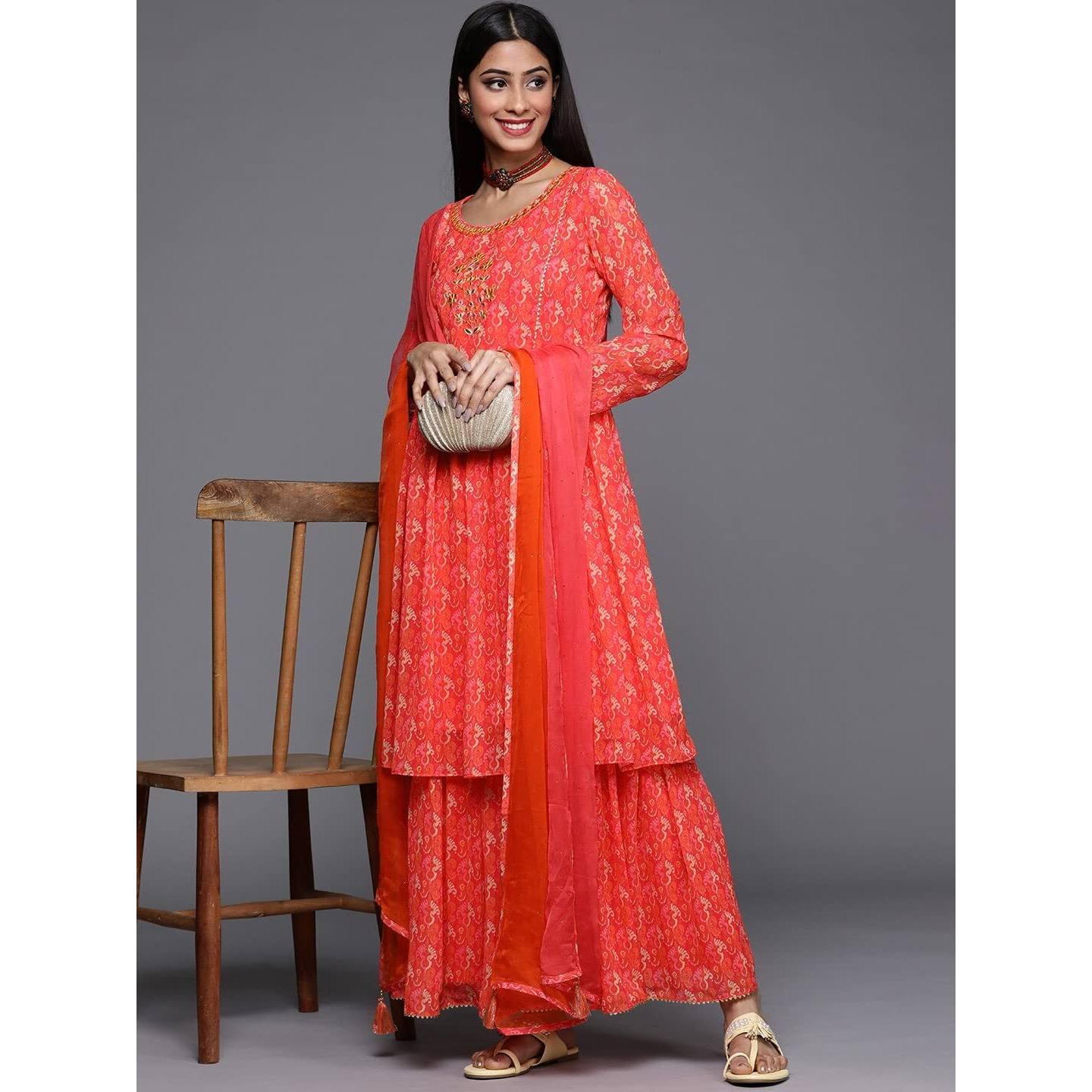 ANNI DESIGNER Women's Georgette A-Line Ethnic Motifs Printed Mirror Work Kurta with Sharara & Dupatta (Othani Orange_XXL_Orange_XX-Large)