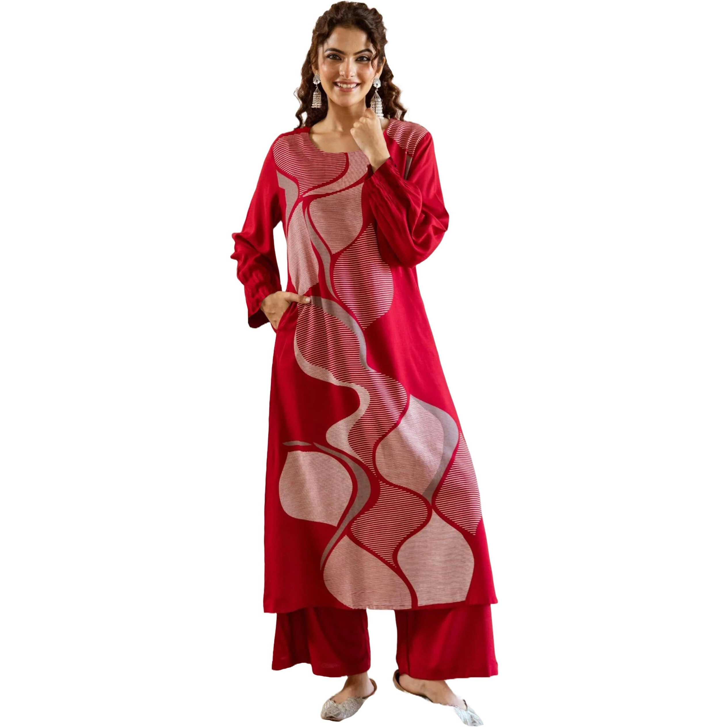 ANNI DESIGNER Women's Rayon Blend Straight Printed Kurta with Palazzo (DAKSHAYINI Pink_S_Pink_Small)