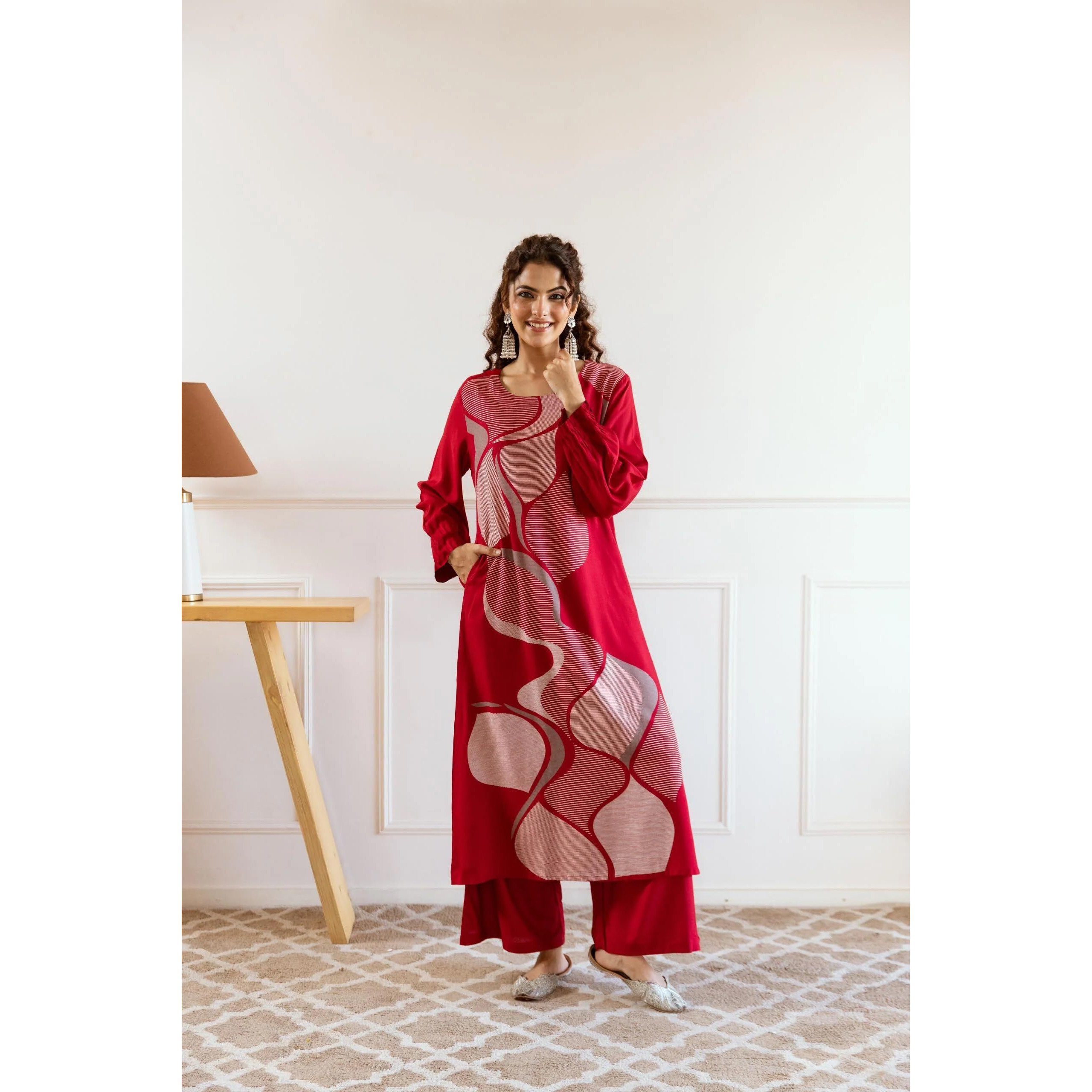 ANNI DESIGNER Women's Rayon Blend Straight Printed Kurta with Palazzo (DAKSHAYINI Pink_S_Pink_Small)