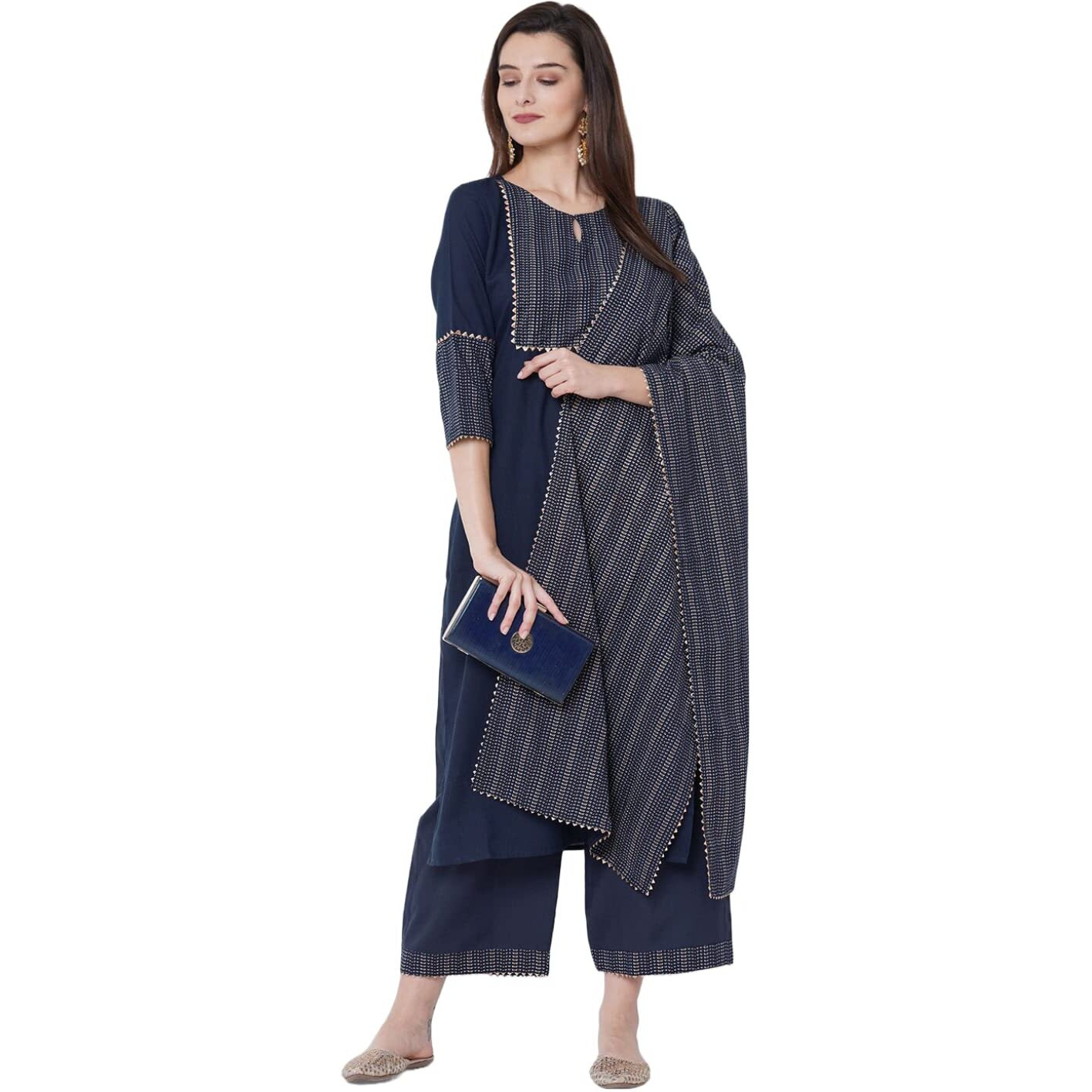 ANNI DESIGNER Women's Cotton Blend Straight Printed Kurta with Pant & Dupatta (Jam001-Dark Blue_S_Dark Blue_Small)