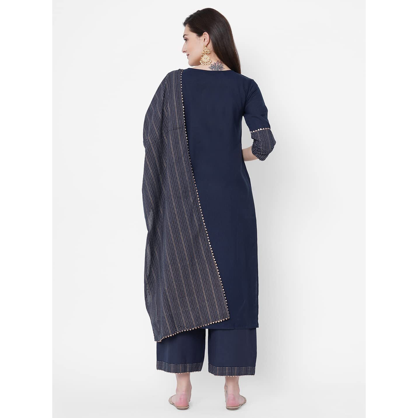 ANNI DESIGNER Women's Cotton Blend Straight Printed Kurta with Pant & Dupatta (Jam001-Dark Blue_S_Dark Blue_Small)